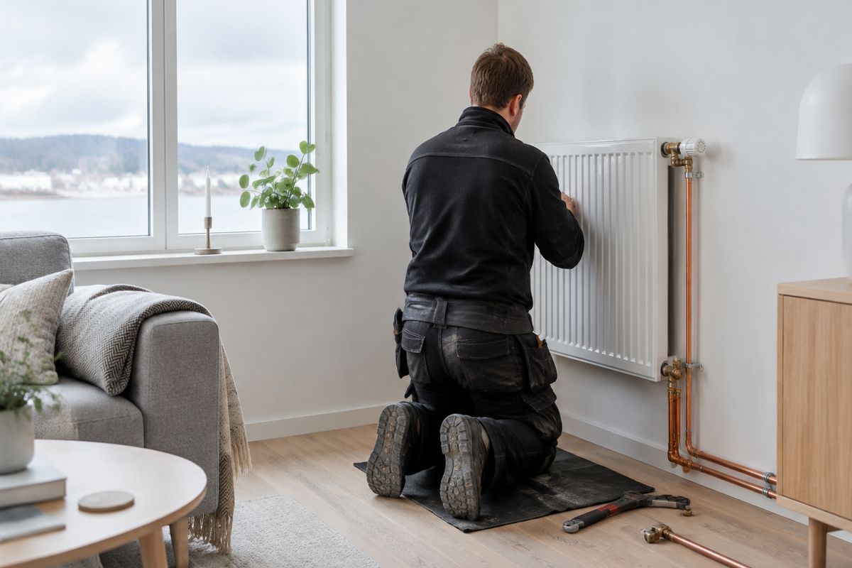 VVS-håndværker monterer radiator i dansk stue
